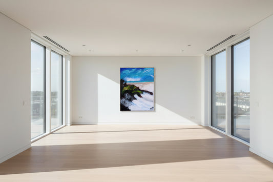 Painting of a coastal scene with waves, beach, and sky.