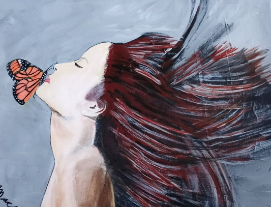 Artistic depiction of a woman with flowing hair and a butterfly on a textured gray background
