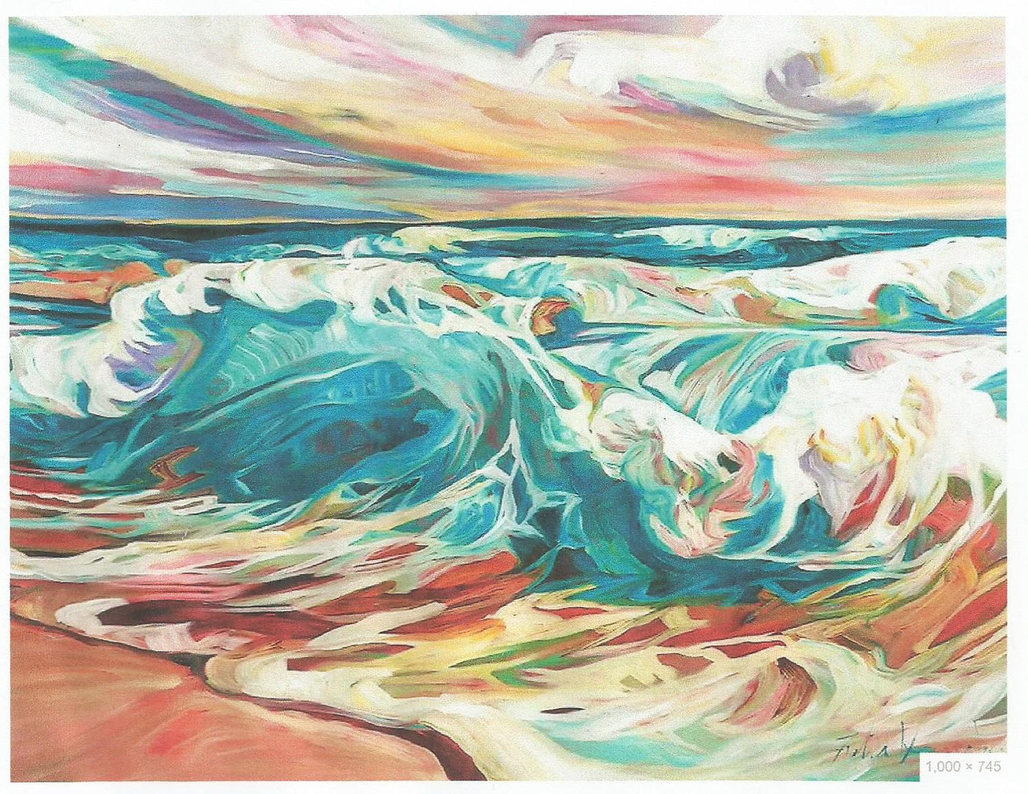 Colorful abstract painting of a wave with a vibrant sky.