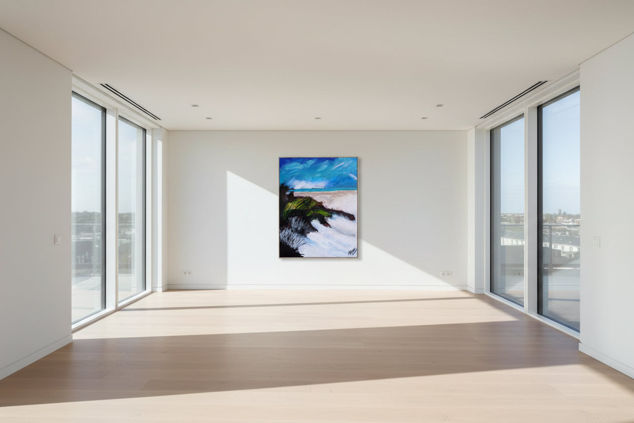 Painting of a coastal scene with waves, beach, and sky.