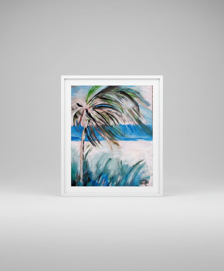 Abstract painting of a palm tree with a blue sky and white sand