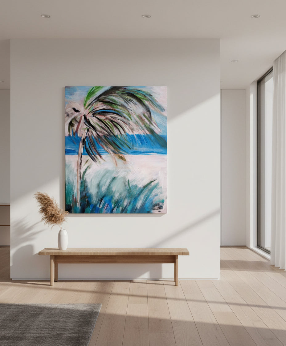 Abstract painting of a palm tree with a blue sky and white sand