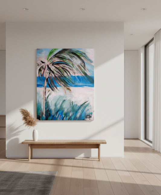 Abstract painting of a palm tree with a blue sky and white sand