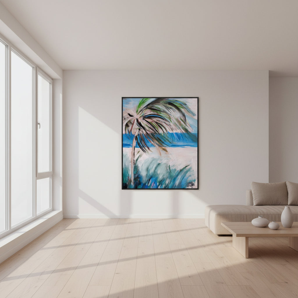 unoccupied beach with Florida Palm swaying in the breeze