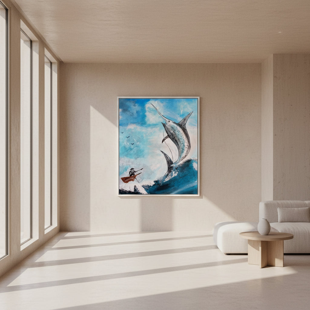 Painting of a marlin leaping out of the water with a fisherman in a boat below.