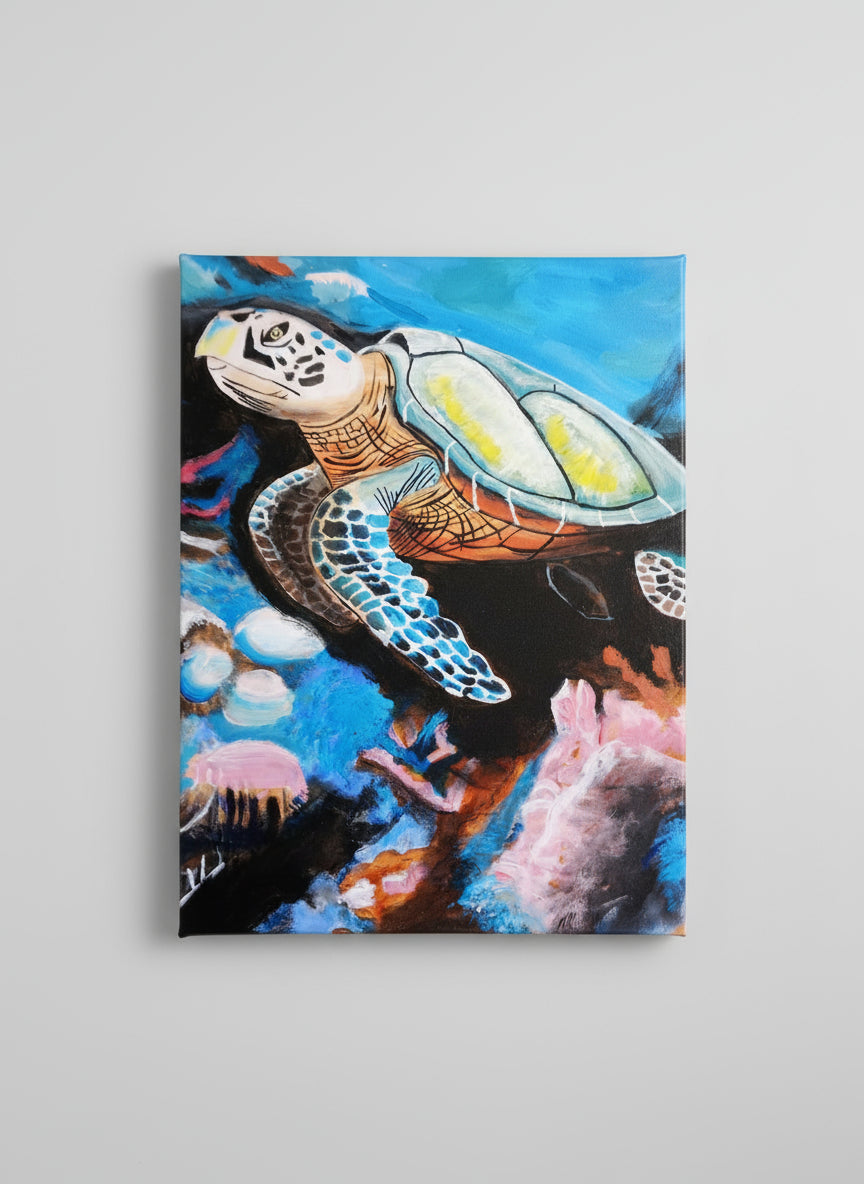Colorful painting of a turtle with marine life in the background