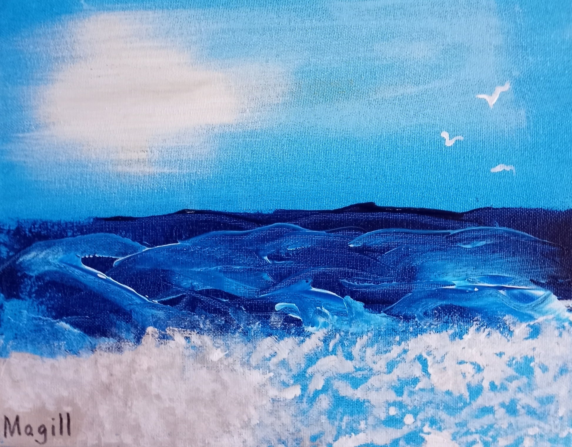 Artistic depiction of icy landscape with waves and birds, signed 'Magill'.