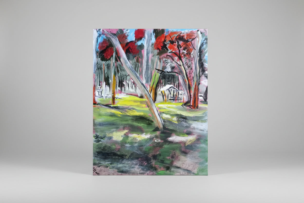 Abstract painting of a park scene with trees and a path