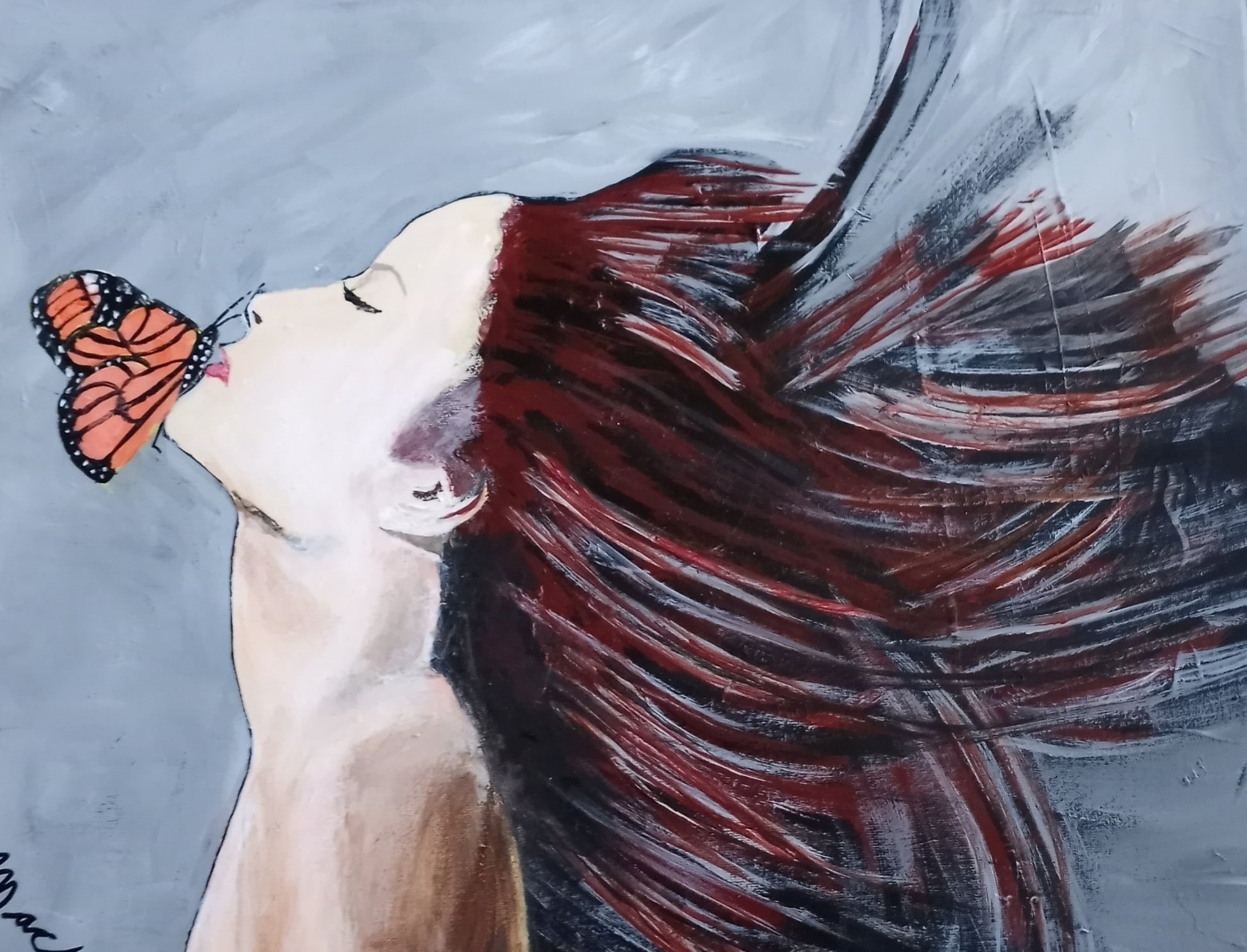 Artistic depiction of a woman with flowing hair and a butterfly on a textured gray background