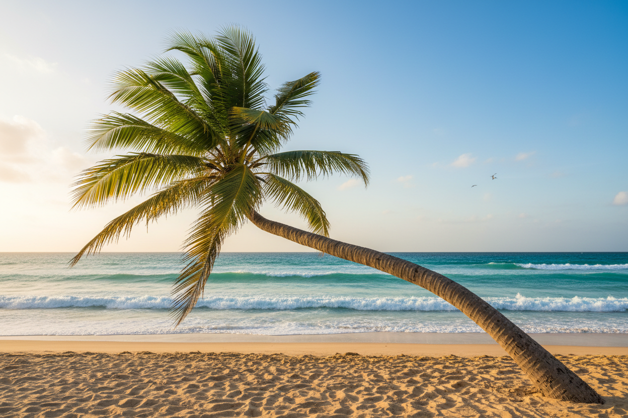 palm tree swaying in the breeze at the beach